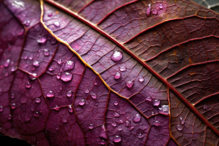 Beautiful large drop morning dew in nature, selective focus. Drops of clean transparent water on leaves. Generative AIの素材
