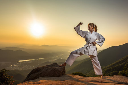 A strong woman practicing martial arts on the top of a mountain at sunset. The woman showcases her taekwondo technique with a powerful kick, embodying the beauty of martial arts in nature's embrace. Generative AIの素材