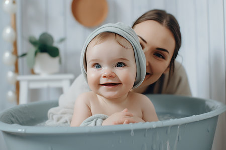 A touching scene unfolds as a mother gently washes his adorable infants, boys and girls, in a warm bath, ensuring their cleanliness, hygiene, and happiness. Their wet faces beam with joy and love, creating a beautiful family moment. Generative AIの素材