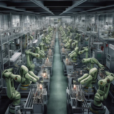 A stunning photo capture captures a group of humanoid robots working together in a factory. The robots move with impressive precision, and their sleek design adds a touch of futuristic sophistication to the scene. Generative AIの素材