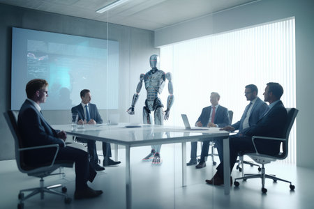 realistic photo of featuring a diverse group of business executives seated at a sleek, with a humanoid robot standing at the head of the table. The robot appears to be leading the meeting. Generative AIの素材
