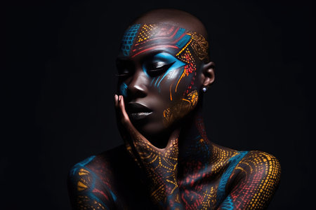 Portrait of a beautiful African woman with unusual body art with black skin and colored eyes and lips on a dark background. The concept of hidden feelings and desires. advertising poster. Generative AIの素材