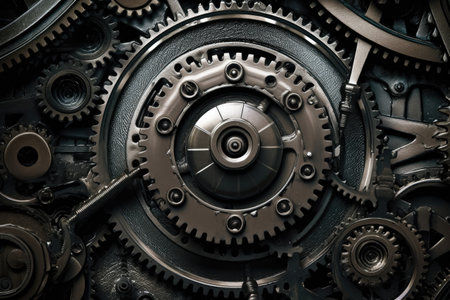 Intricate beauty of mechanical textures. The image highlights the precise details, metallic surfaces, and industrial elements, creating a visually stunning composition. Generative AIの素材