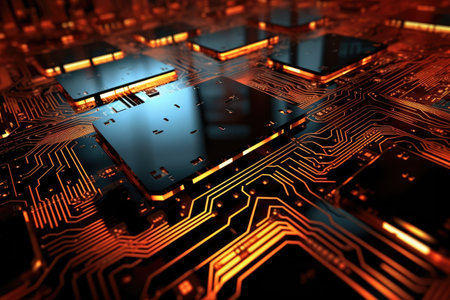 futuristic world of digital technology with its focus on the internal workings of a computer's central processing unit (CPU). The close-up view of the circuit board and microchip highlights the complexity and sophistication of modern hardware. Generative AIの素材