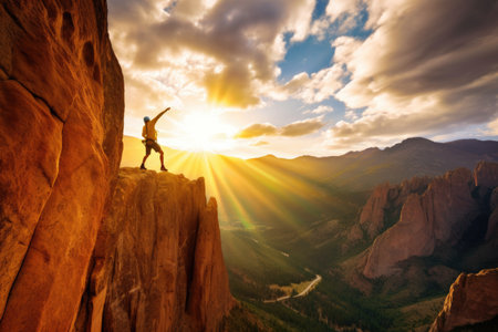 Big group of people having fun in success pose with raised arms on mountain top against sunset lakes and mountains. Travel, adventure or expedition concept. Generative AIの素材