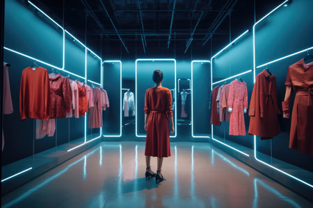 The photograph showcases a stunning and atmospheric 3D virtual dressing room, where individuals can experience lifelike simulations of trying on clothes and accessories. Generative AIの素材