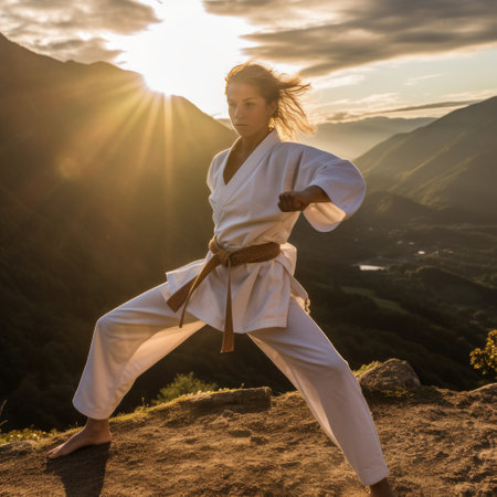 A strong woman practicing martial arts on the top of a mountain at sunset. The woman showcases her taekwondo technique with a powerful kick, embodying the beauty of martial arts in nature's embrace. Generative AIの素材