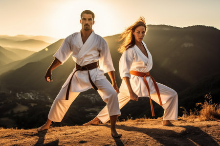 A strong couple practicing martial arts on the top of a mountain at sunset. The woman showcases her taekwondo technique with a powerful kick, embodying the beauty of martial arts in nature's embrace. Generative AIの素材