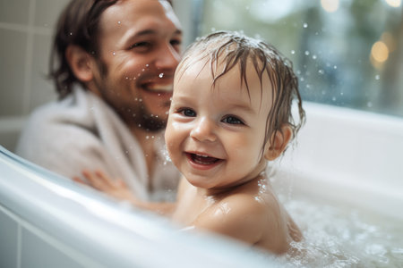 A touching scene unfolds as a father gently washes his adorable infants, boys and girls, in a warm bath, ensuring their cleanliness, hygiene, and happiness. Their wet faces beam with joy and love, creating a beautiful family moment. Generative AIの素材