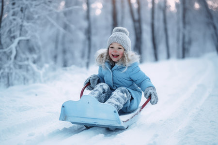 A joyful girl riding a sled down a frosty hillside, surrounded by a winter wonderland. The blue sky and snowy landscape create a playful and fun-filled atmosphere for a delightful sledding adventure. Generative AIの素材