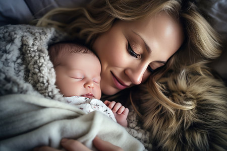 Close up of beautiful young woman holding adorable baby wrapped in blanket. Cute child sleeping in mother arms. light home background. concept of motherhood. Generative AIの素材