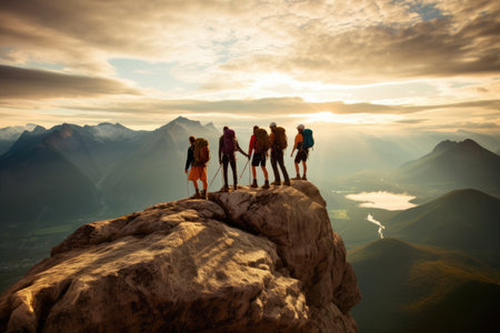 Big group of people having fun in success pose with raised arms on mountain top against sunset lakes and mountains. Travel, adventure or expedition concept. Generative AIの素材