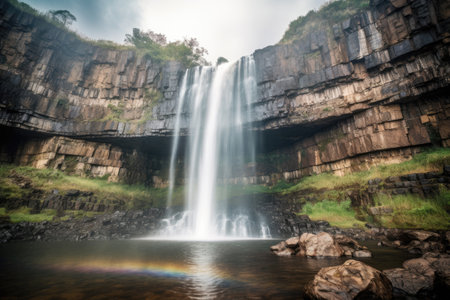 Immerse yourself in the captivating beauty of nature with this stunning photograph capturing the majestic combination of a waterfall and a vibrant rainbow. The powerful rush of water cascades down with sheer force, creating a mesmerizing display of motion and energy. Generative AIの素材