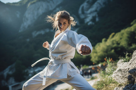 A strong woman practicing martial arts on the top of a mountain at sunset. The woman showcases her taekwondo technique with a powerful kick, embodying the beauty of martial arts in nature's embrace. Generative AIの素材