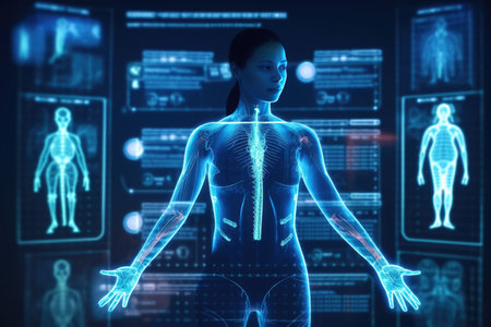 The composition features a person connected to various sensors and devices, with a computer screen displaying real-time data and visuals. Generative AIの素材