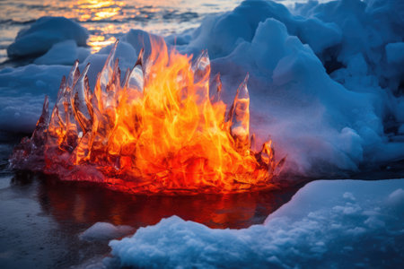 A beautiful background photo that showcases the contrast between fire and ice. The fiery tones of the flames juxtaposed with the cool blue hues of the ice create a stunning visual display. Generative AIの素材