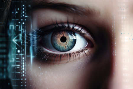 A beautiful close-up of a person's eye fills the frame in this photo, with a computer-generated overlay of digital information and graphics reflecting in the pupil. Generative AIの素材