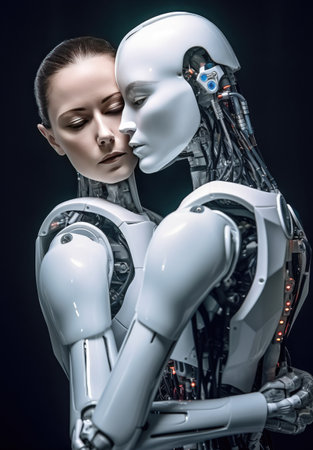 Moment when a person leans in to embrace a robot, their faces close together in a moment of connection. The robot's glowing eyes and the person's serene expression create a sense of intimacy and mutual understanding, Generative AIの素材