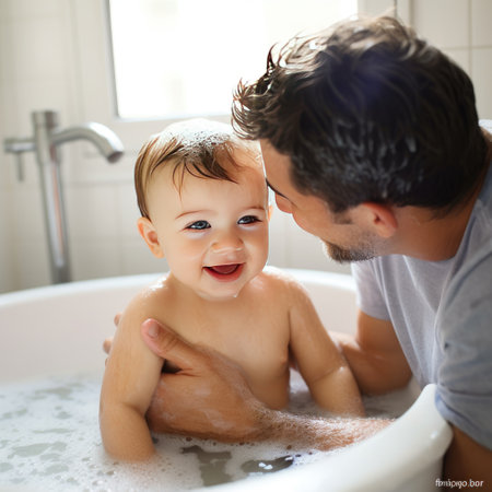 A touching scene unfolds as a father gently washes his adorable infants, boys and girls, in a warm bath, ensuring their cleanliness, hygiene, and happiness. Their wet faces beam with joy and love, creating a beautiful family moment. Generative AIの素材