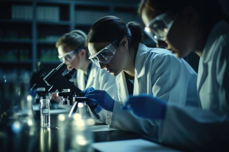 A photograph of a team of scientists working in a laboratory, carefully conducting experiments and analyzing data. The image captures the precision and attention to detail required in scientific research, Generative AIの素材