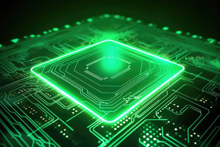 futuristic world of digital technology with its focus on the internal workings of a computer's central processing unit (CPU). The close-up view of the circuit board and microchip highlights the complexity and sophistication of modern hardware. Generative AIの素材