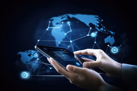 Close-up of hand holding a smartphone with a magic screen, symbolizing the ubiquitous presence of digital technology in our lives. Generative AIの素材