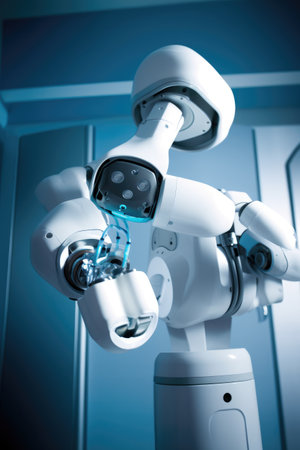 Robot performing a medical procedure, such as administering medication or taking vital signs. The robot is designed to work alongside medical staff, Generative AIの素材