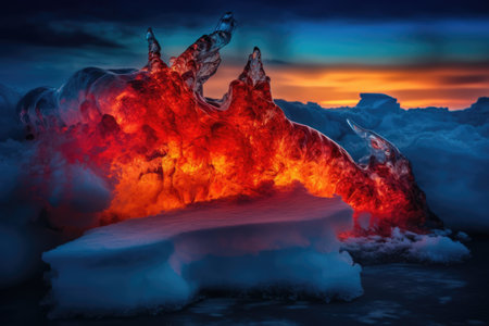 A beautiful background photo that showcases the contrast between fire and ice. The fiery tones of the flames juxtaposed with the cool blue hues of the ice create a stunning visual display. Generative AIの素材