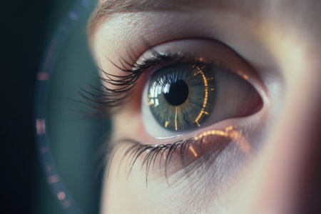 A beautiful close-up of a person's eye fills the frame in this photo, with a computer-generated overlay of digital information and graphics reflecting in the pupil. Generative AIの素材