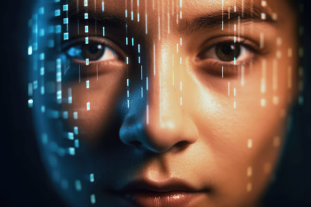 A beautiful close-up of a person's eye fills the frame in this photo, with a computer-generated overlay of digital information and graphics reflecting in the pupil. Generative AIの素材