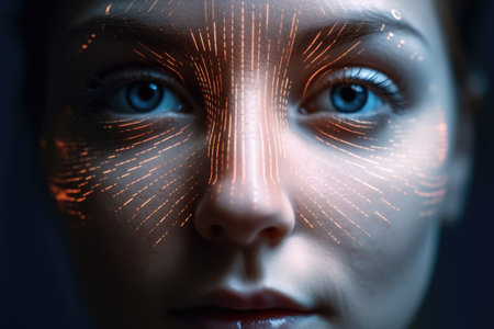 A beautiful close-up of a person's eye fills the frame in this photo, with a computer-generated overlay of digital information and graphics reflecting in the pupil. Generative AIの素材