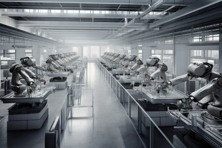 A stunning photo capture captures a group of humanoid robots working together in a factory. The robots move with impressive precision, and their sleek design adds a touch of futuristic sophistication to the scene. Generative AIの素材
