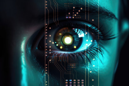 A beautiful close-up of a person's eye fills the frame in this photo, with a computer-generated overlay of digital information and graphics reflecting in the pupil. Generative AIの素材