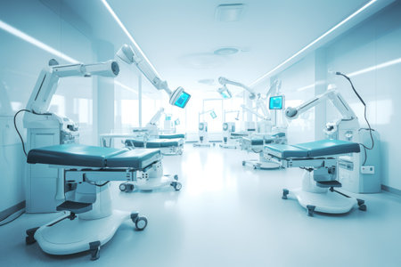 This striking photo features a team of robots working in a hospital setting. From surgical robots to automated pharmacy systems, these robots provide essential support to medical professionals and improve patient outcomes. Generative AIの素材