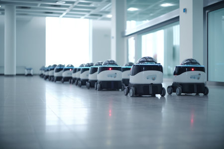 Team of robotic cleaners can be seen working together to clean a large commercial space. The robots move in unison, effortlessly gliding across the floor and leaving it sparkling clean. Generative AIの素材