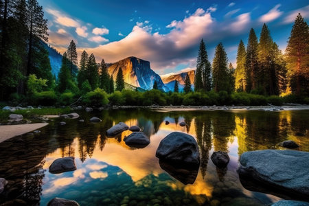 A beautiful natural background that captures the essence of the great outdoors, with vibrant colors and textures of nature. From majestic mountains to tranquil lakes, the photo showcases the beauty of the natural world. Generative AIの素材