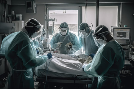 A photograph of a scientific team in personal protective equipment caring for a unidentified object. The team can be seen through a window, and their dedication and commitment to fighting the pandemic are evident. Generative AIの素材