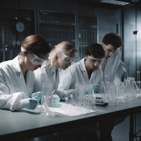 A photograph of a team of scientists working in a laboratory, carefully conducting experiments and analyzing data. The image captures the precision and attention to detail required in scientific research, Generative AIの素材