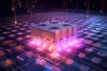 World of quantum computing and quantum technology, with its abstract and complex nature depicted through striking visuals of light and color. Generative AIの素材