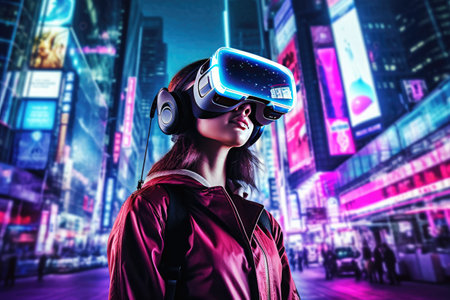 A stunning photo showcasing the immersive and captivating world of virtual and augmented reality. The photo features a person wearing a VR headset or interacting with AR elements in a digitally enhanced environment. Generative AIの素材