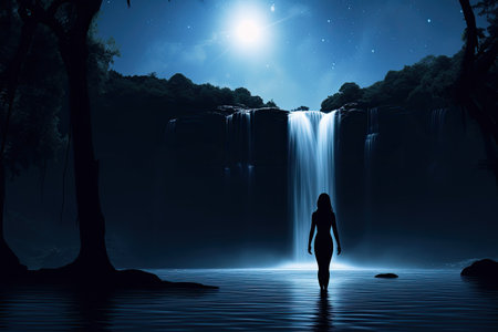 Set against the backdrop of a waterfall bathed in the soft glow of moonlight, the silhouette of a bathing woman adds an element of beauty and mystique to the scene. Generative AIの素材