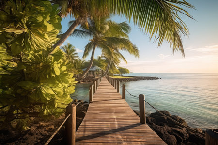 A breathtaking sunset view over a serene beach, with crystal-clear turquoise waters reflecting the colorful evening sky and a lone palm tree swaying gently in the breeze. Generative AIの素材