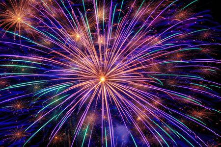 The night sky is transformed into a canvas of explosive beauty as vibrant bursts of fireworks create a symphony of shimmering hues. Generative AIの素材