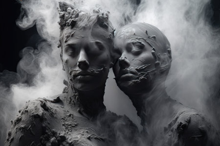 Magnetic powder to create fluid forms, with recognizable faces and figures subtly emerging from the composition. Generated AIの素材