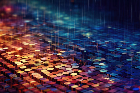 The digital textures create a sense of depth and dimension, while the abstract patterns evoke a feeling of technological sophistication. The fusion of geometric shapes, metallic surfaces, and illuminated lines adds a touch of modernity and elegance to the composition. Generative AIの素材