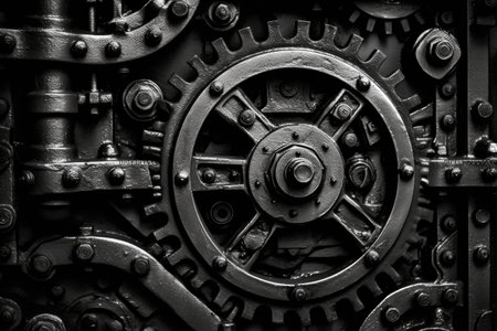 Intricate beauty of mechanical textures. The image highlights the precise details, metallic surfaces, and industrial elements, creating a visually stunning composition. Generative AIの素材