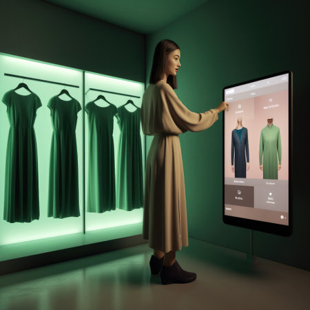 The photograph showcases a stunning and atmospheric 3D virtual dressing room, where individuals can experience lifelike simulations of trying on clothes and accessories. Generative AIの素材