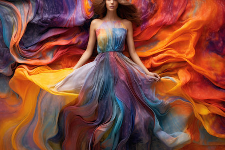 Beautiful woman with elegant dress melting in Multi-colored paint. Generative AIの素材
