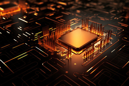 futuristic world of digital technology with its focus on the internal workings of a computer's central processing unit (CPU). The close-up view of the circuit board and microchip highlights the complexity and sophistication of modern hardware. Generative AIの素材