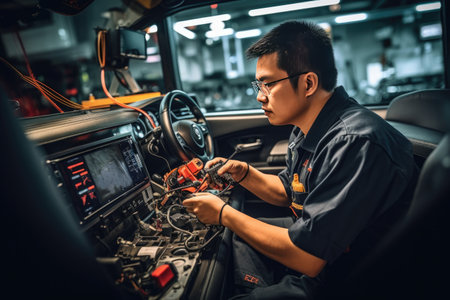 Car Service Manager or Mechanic is Running an Interactive Diagnostics Software on an Advanced Computer. Generative AIの素材